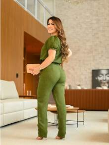 Women's Scrub Set Hospital Lab Coat 2 Pieces Casual Elegant Pleated Blouse Linen Pants With Delicate Detail On The Sleeve Colors Fashion Spring Summer 2025 Women's Clothing - 軍綠色/袖子 - 查看 3