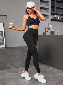 1 Stück Nahtlose elastische Damen Leggings mit hoher Taille, lang anliegend mit Bauchkontrolle, geeignet für Fitness, Laufen, Radfahren, Yoga, Sport und Lässig Bekleidung - Schwarz - Übersicht 4