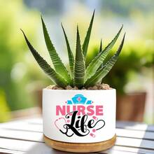 1pc Ceramic Planter Pot With Bamboo Tray (3.6"X2.6"), Succulent Planter, Nurse Life Theme - Nurse Cap, Stethoscope, Pill Elements With "Nurse Life" Text, Planter Pot Gift, Yard Decor, Desktop Decoration