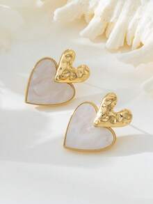 1 Pair Vintage Textured White Heart Stud Earrings For Women, Suitable For Weddings, Parties, And Daily Wear - White - View 4