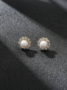1 Pair Exclusive Design Rhinestone & Faux Pearl Stud Earrings, Elegant & Versatile For Wedding, Everyday Wear, Vacation