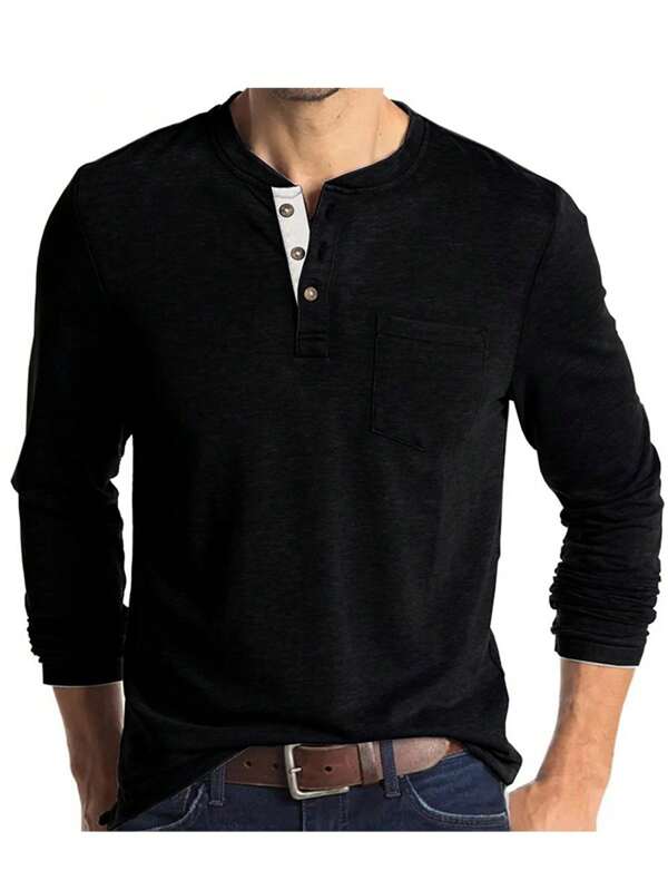 Polo casual de manga larga para hombre,Slim cuello redondo bolsillo decoración inferior camisa,Camiseta de moda diaria de color sólido,Camiseta transpirable,Adecuado para todas las estaciones