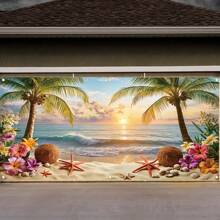 2D Door Banner, 1 Summer Beach Garage Door Banner - Vibrant Ocean, Palm Tree, And Beach Design, 2D Polyester Fiber Party Background, Suitable For Indoor/Outdoor, Garden, Terrace, And Commercial Activities
