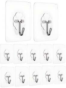 Juego de 20 ganchos autoadhesivos de plástico ABS y acero inoxidable, ganchos transparentes impermeables para colgar en pared, cocina, baño y dormitorio, ganchos de uso pesado