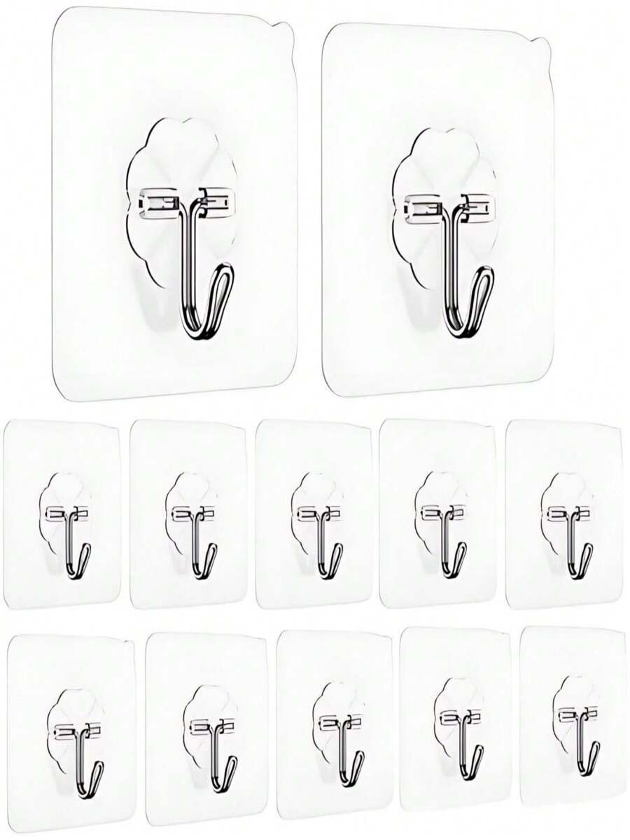 Juego de 20 ganchos autoadhesivos de plástico ABS y acero inoxidable, ganchos transparentes impermeables para colgar en pared, cocina, baño y dormitorio, ganchos de uso pesado