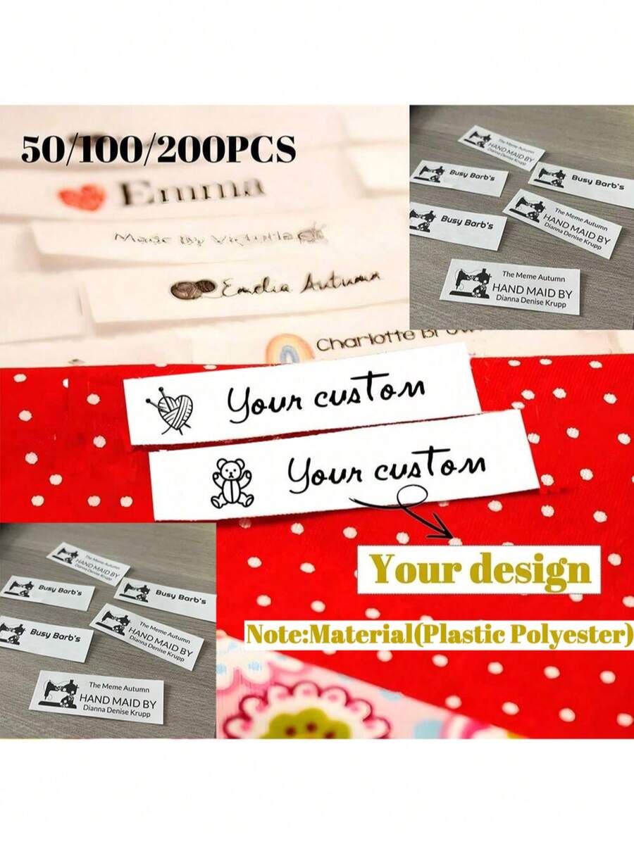 Custom 50/100/200pcs Plastic Polyester Personalized Clothing Sewing Labels, Washable, Unisex Collar Name Tags, Multi-Color Design, Dresses, T-Shirts, Scarves, Bed Sheets, Hats, Socks