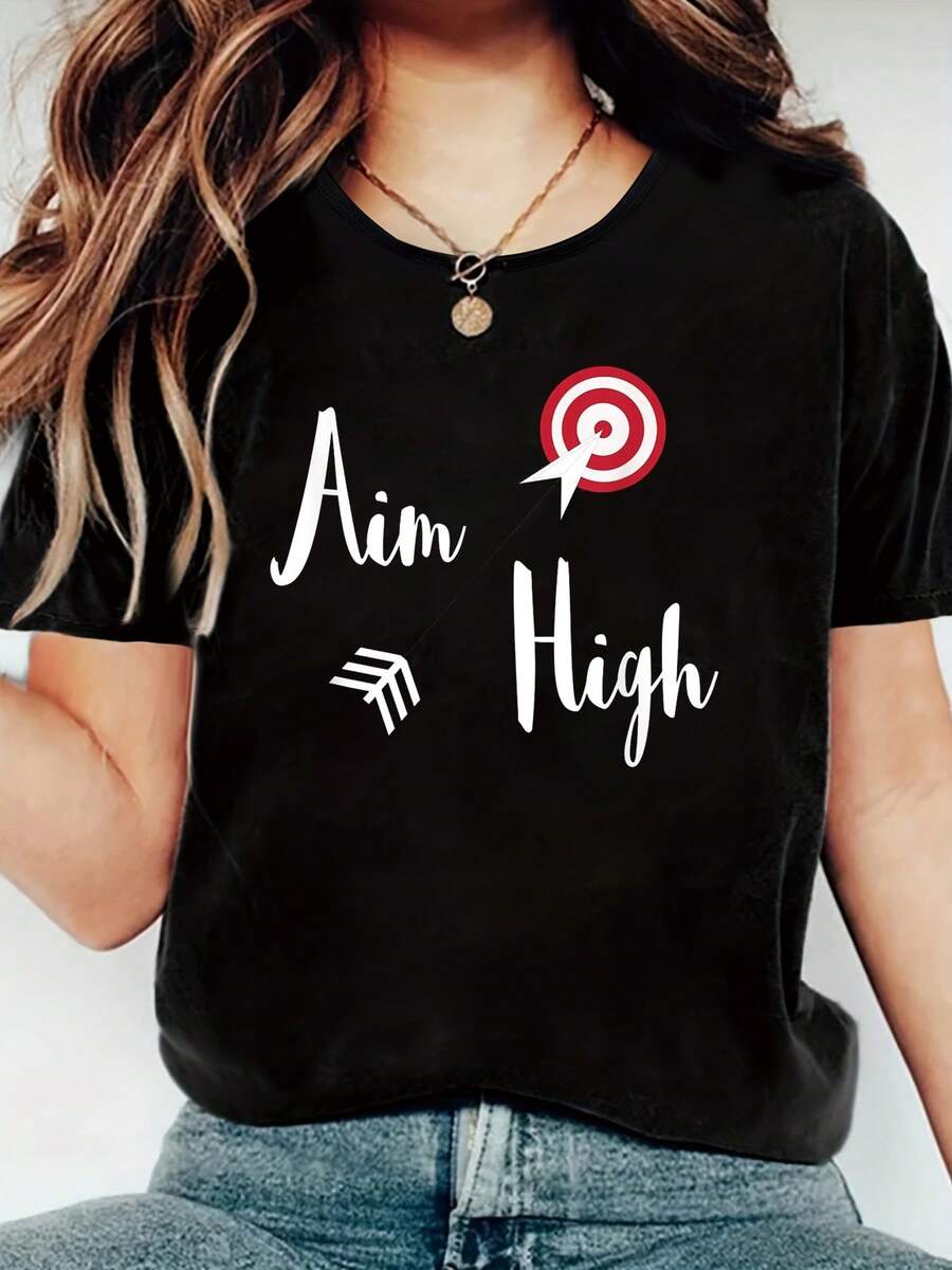 Aim High, With Archery Arrow And Target Funny Print Women's T-Shirt, Round Crew Neck Soft Short Sleeve T-Shirt For Spring Summer, Fun Graphic Tops T-Shirts For Women Summer Tops - Black - View 1