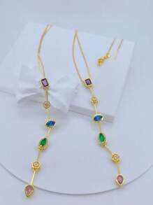 1pc Versatile High-Quality Colorful Zirconia Long Pendant Necklace, Suitable For Women Everyday Wear