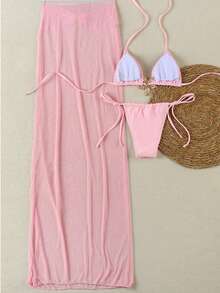 3件套女士夏季度假海星装饰性感比基尼和长款雪纺纱笼裙泳衣