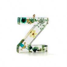 1pc Resin Dried Flower Letter Pendant, Floral Leaf & Golden Sequin Design, For DIY Keychains, Bag Charms, Etc.
