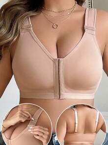 Front Closure Plus Size Women Comfortable Soft Wireless Bra - Apricot - View 4