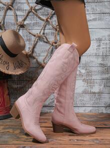 2025 Spring/Autumn New Women Plus Size Embroidered Western Style Leather Knee-High Boots, Outdoor Fashion