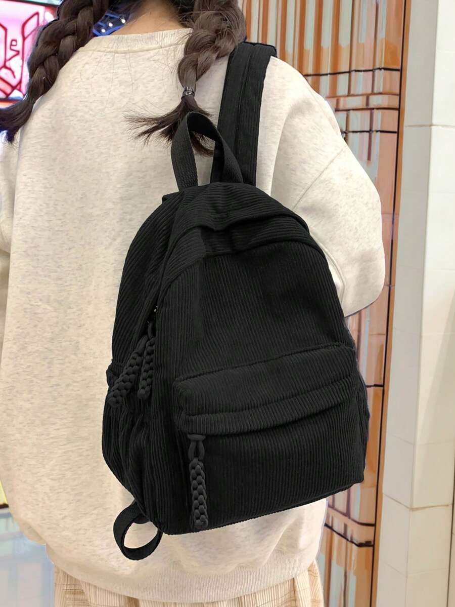 女士纯色灯芯绒针织拉链闭合中号背包。轻盈柔软，适合日常休闲使用。可用作小学生书包、购物袋或旅行包。