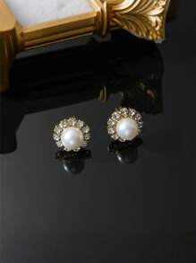 1 Pair Exclusive Design Rhinestone & Faux Pearl Stud Earrings, Elegant & Versatile For Wedding, Everyday Wear, Vacation
