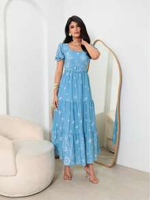 Women's Printed Midi Dress For Worship With Sophisticated Belt - 淺藍色 - 查看 1