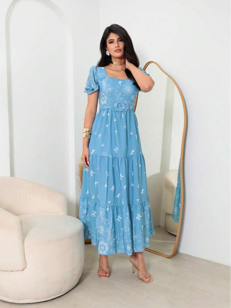 Women's Printed Midi Dress For Worship With Sophisticated Belt - 淺藍色 - 查看 1