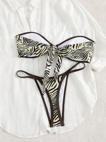 全新时尚性感条纹印花抹胸式女式比基尼泳装