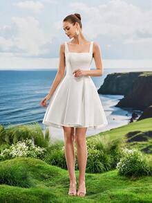 夏季巴洛克缎面生日派对婚礼宾客短礼服，白色优雅新娘送礼会礼服，新娘