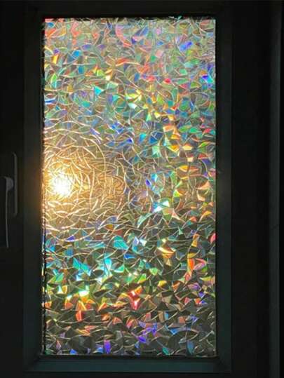 1 rollo de 44.5cm de ancho Película decorativa de ventana de vinilo de 3D arcoíris holográfico semi-transparente, pegatina de ventana de privacidad sin adhesivo, película de ventana de color para decoración