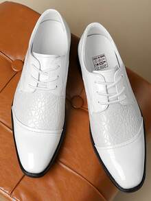 Men's White Embossed Formal Dress Leather Shoes, Patent Leather British Style Groom Wedding Shoes, Lace-Up Office Commute Formal Shoes - White - View 3