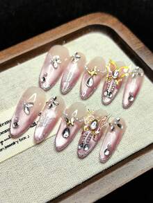 Handmade Nail Art Press-On Nails, Shiny, French Dual-Tone, 3D Butterfly Design, Rhinestones, Fashionable High-End Cat Eye Effect, Reusable For Women - Pink - View 5