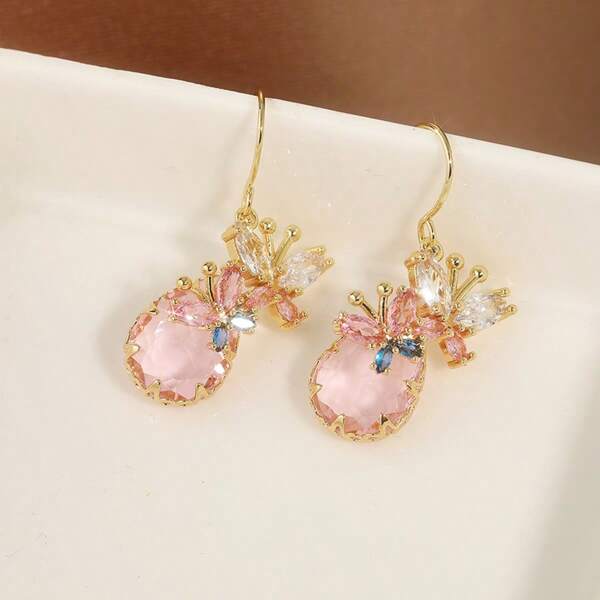 1 Pair Pink Charm Butterfly Cubic Zirconia Jewelry Earrings, Elegant Women's Earring Accessories, Exquisite Holiday Gift