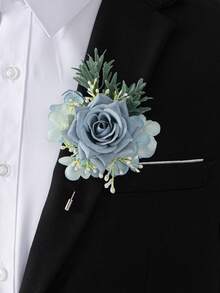 2 piezas/1 pieza Muñequera de Flores de Novia y Boutonnière, Adecuado para Novio, Novia, Padre, Madre, Abuelos Decoración y Uso en Boda, Fiesta de Graduación, Accesorios del Día de San Valentín - Azul - Ver 4