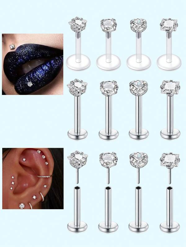 4Pcs Love/Star/Square/Round Shape Clear CZ Labret Inthread & Threadless Lip Rings Nose Rings Studs Stainless Steel Helix Conch Cartilage Earrings Piercing Jewelry For Women Man Personalized Decor