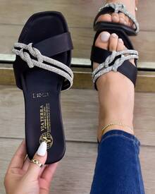 tiras entrelazadas, correas trenzadas, incrustaciones centelleantes, detalles brillantes, forro sintético, estilo bohemio, estilo relajado, temporada cálida - Negro - Ver 1