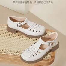 CAMEL CROWN Ladies Sandals, Summer Hollow Toe Sandals For Women Thick-Soled Genuine Leather Roman Sandals - Beige-white - View 3