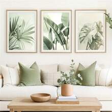 1件/3件套热带植物主题墙画，鼠尾草绿棕榈叶墙饰画，画廊墙套装，卧室、客厅、走廊的理想礼物，墙面装饰，房间装饰，可选画框 - 彩色 - 查看 1