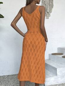 Women's Casual V-Neck Solid Color Crochet Slit Hem Sweater Dress, White Spring/Summer Maxi Dress Cream Yellow Casual Beach Dress, Back To School Autumn Women's Outfit Elegant Autumn/Winter Maxi Party Dress, Christmas Dress, New Year Outfit (Random Pattern) - Orange - View 2