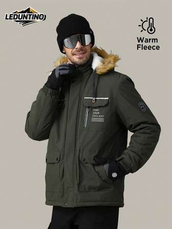 LEDUNTINO Herrmode Zip Up Casual Outdoor Tjock Fleecejacka, Varm, Sport, Solid, Vinröd, Grön, Pojkvänspresent, Vinter Höstbrevtryckt för män, Avtagbar huva, Multi-Pocket, Windbreaker Jacka Vår Höstrock Herr