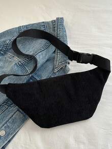 时尚纯色拉链腰包，灯芯绒胸包，适合购物、钱包、年轻女性、大学生、新人、白领人士。非常适合办公室、大学、工作、商务、通勤、户外活动、旅行和郊游。 - 黑色 - 查看 7
