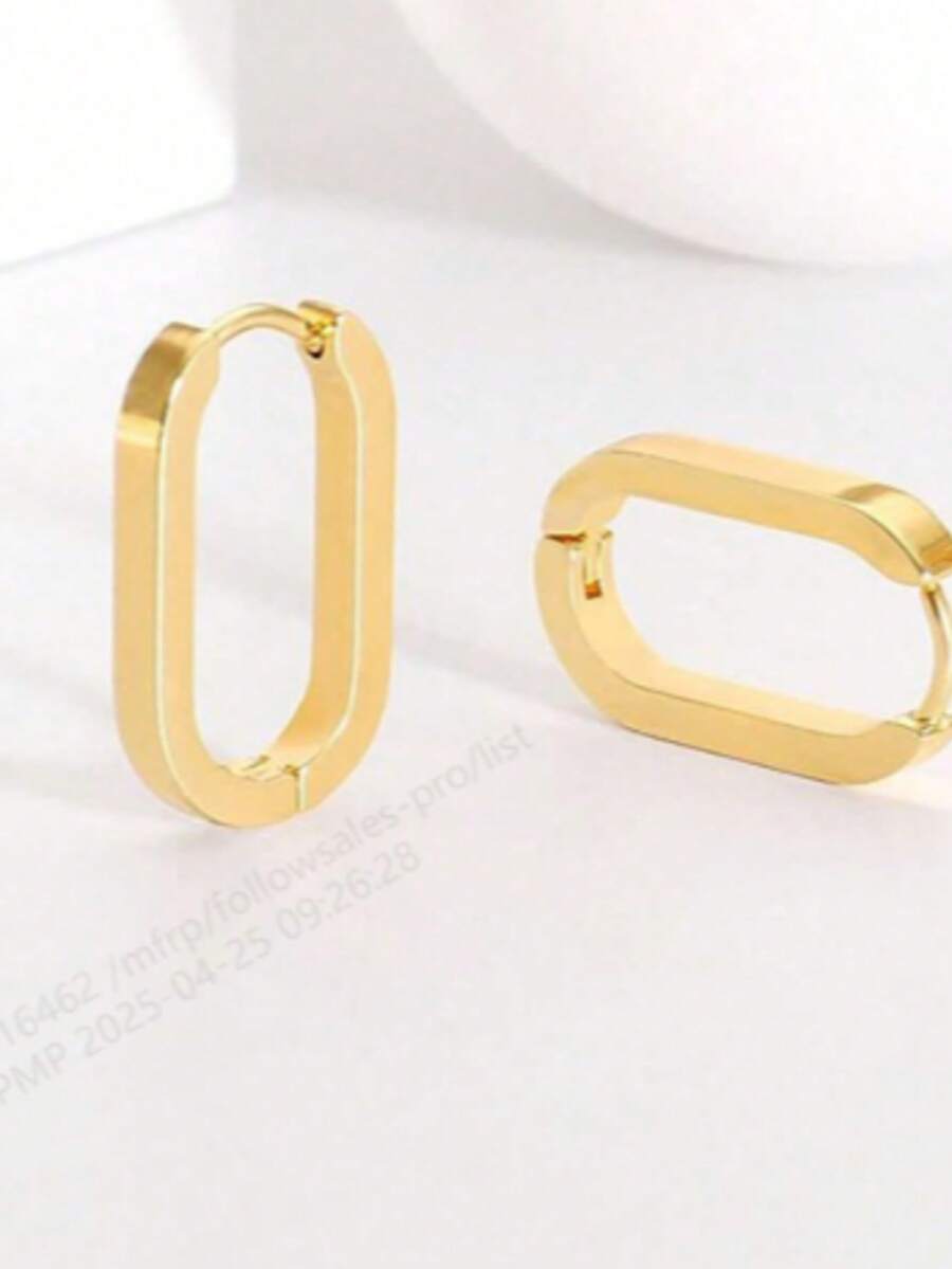 2 Pcs Fashionable Versatile Geometric Rectangle & Oval Earrings - Gold - View 1