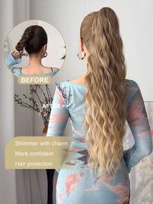 26英寸长波浪棕色和金色合成耐热马尾假发，带抽绳可调节长度，打造女性卷曲波浪马尾造型 - 漸層 - 查看 8