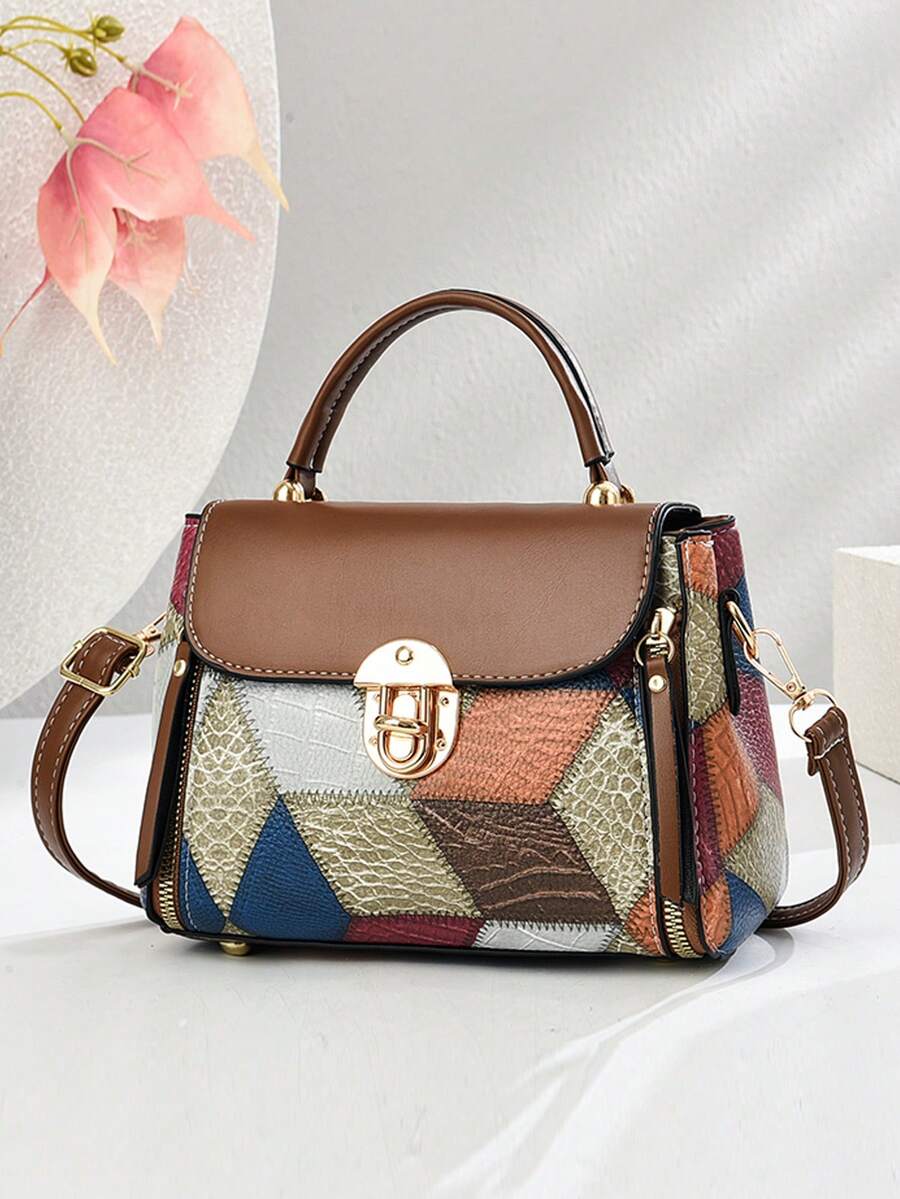 1pc Retro Floral Print One Shoulder Handbag, Twist Lock Flap Zipper Wallet, Elegant Women Purse For Holiday Outfit, Sweet Style Gift For Ladies