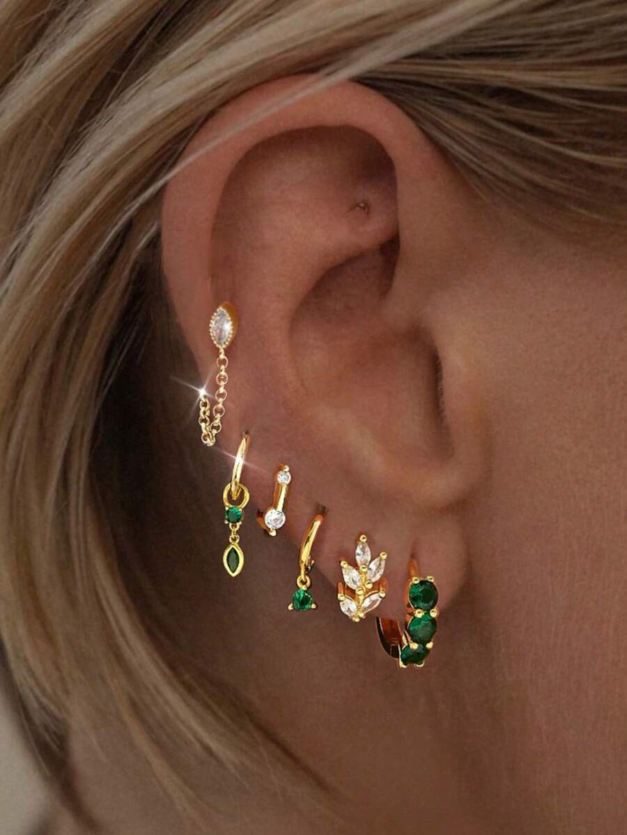 6pcs/Set One-Side Delicate Green Zirconia Leaf Stud Earrings, Minimalist Stylish Earring Set For Women, Suitable For Date, Party, Daily Commute - Yellow Gold - View 1