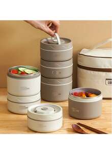 Stainless Steel Thermal Lunch Box, Leak-Proof Bento Boxes, Round Multi-Layered Microwave-Safe Food Container - Dark Brown - View 2