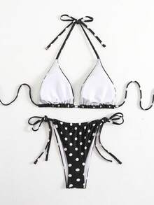 LUCKY HOLIDAY Fashionable Sexy Polka Dot Print Halter Tie-Up Triangle Bikini Swimsuit Set - Black - View 4