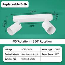 CANMEIJIA Foco empotrado en el techo GU10, lámpara LED de doble cabezal blanca y rotatoria para decoración de habitaciones, apta para sala de estar/dormitorio/cocina/balcón/almacén/estudio/comedor/bar/cafetería/lobby/pasillo/oficina, AC85-265V - Foco GU10 de doble cabezal - Ver 21