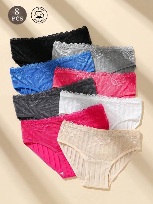 8PCS/Pack Women's Briefs Solid Color Breathable Lace Ladies Briefs