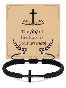 Goodwaro 1 件 18K 镀金不锈钢基督教礼物十字架手链，男/女手工编织信仰励志祈祷珠宝礼物 - 黑色 - 查看 17