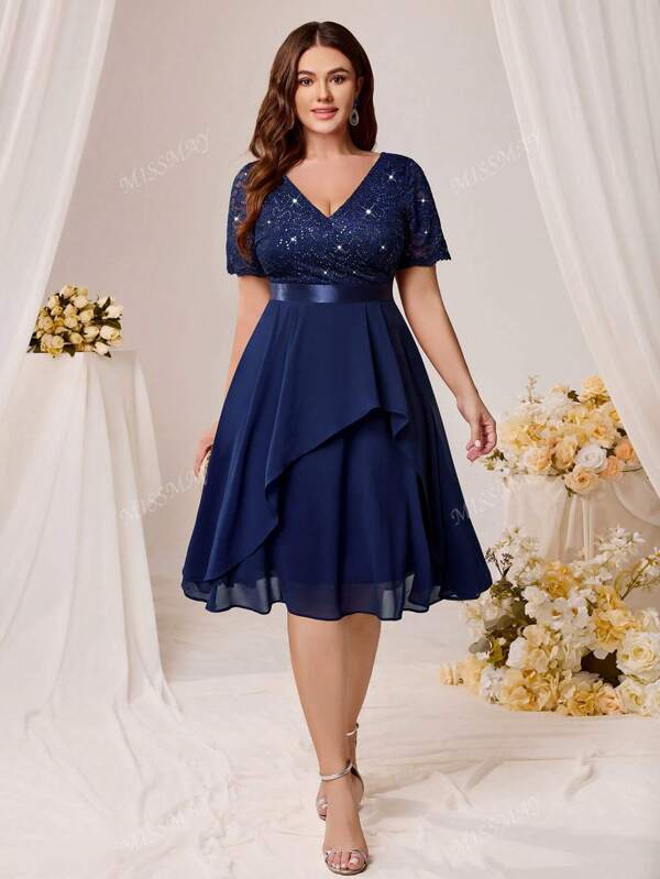 Plus Rochie leagăn pentru petrecere de seară, cu decolteu în V, dantelă florală, contrast, din șifon, rochie elegantă de bal semiformală pentru invitați de nuntă, pentru ziua de naștere, absolvire, întoarcere acasă
