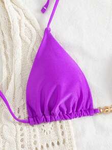 New Fashionable Sexy Solid Color Halter Strap Triangle Bikini Women's Swimsuit - Purple - View 4