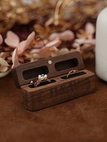 1 pieza Caja de madera grabada con "Sr y Sra" - Elegante portaanillos de compromiso/boda cuadrado negro, regalo creativo para aniversario/cumpleaños/Día de San Valentín, vuelta al colegio - Nogal (forrado de arpillera) - Ver 8