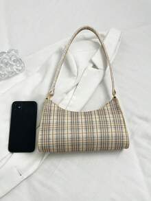 Fashionable & Versatile Minimalist Plaid Casual Shoulder Bag - Beige - View 6