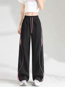 Casual Loose Drawstring Pocket Stitching Color Contrast Trousers,