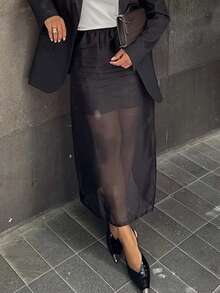 Falda elegante y holgada de malla de poliéster con parches negros, diseño elegante, para verano y primavera - Negro - Ver 5