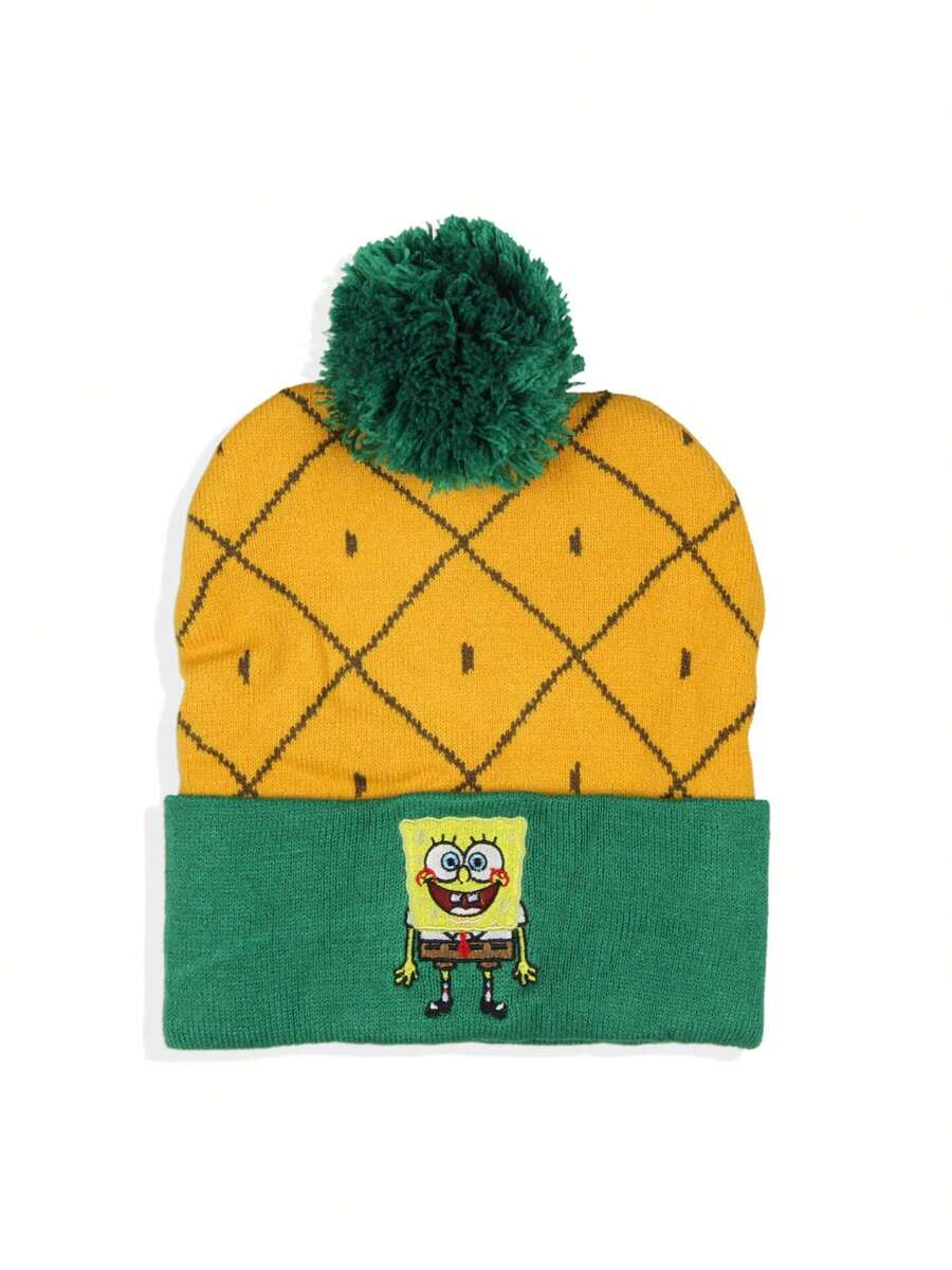 SpongeBob SquarePants Embroidered Character Pineapple Cuff Pom Beanie Hat - Multicolor - View 1